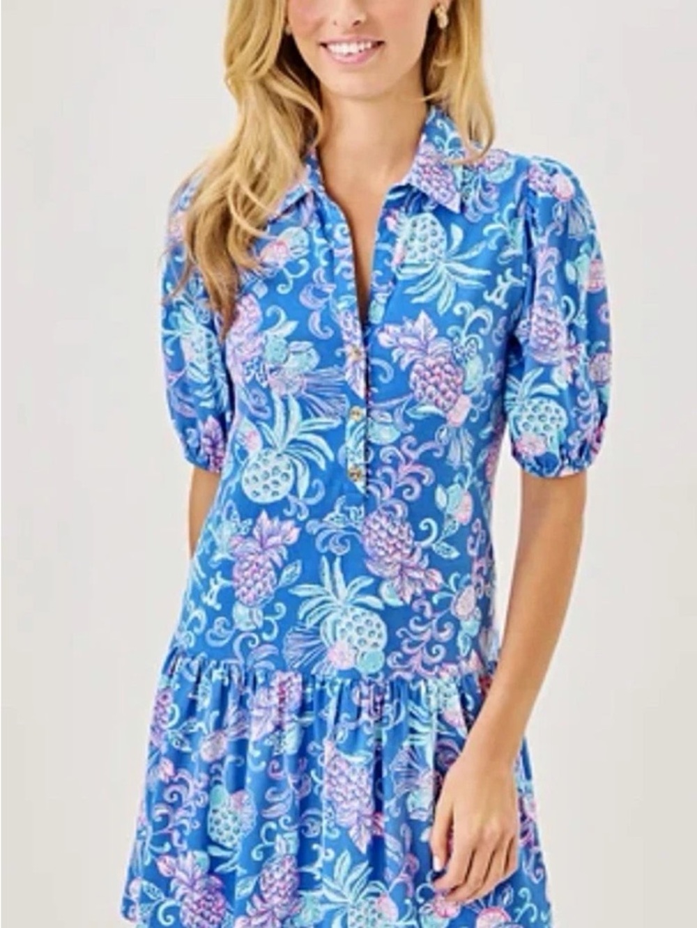Lilly Pulitzer Blue Tropical Pineapple Puff-Sleeve Dress
